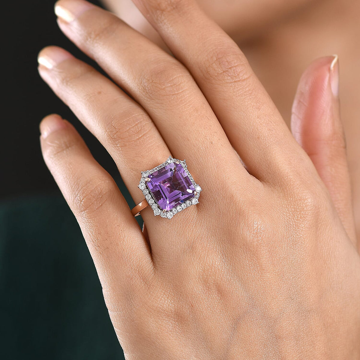 D'Joy Rose De France Amethyst &amp; White Zircon Emerald-Cut Halo Ring in Rose Gold Plated Sterling Silver 8.87 Ct. V32529403 2