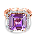 D'Joy Rose De France Amethyst & White Zircon Emerald-Cut Halo Ring in Rose Gold Plated Sterling Silver 8.87 Ct._8429516