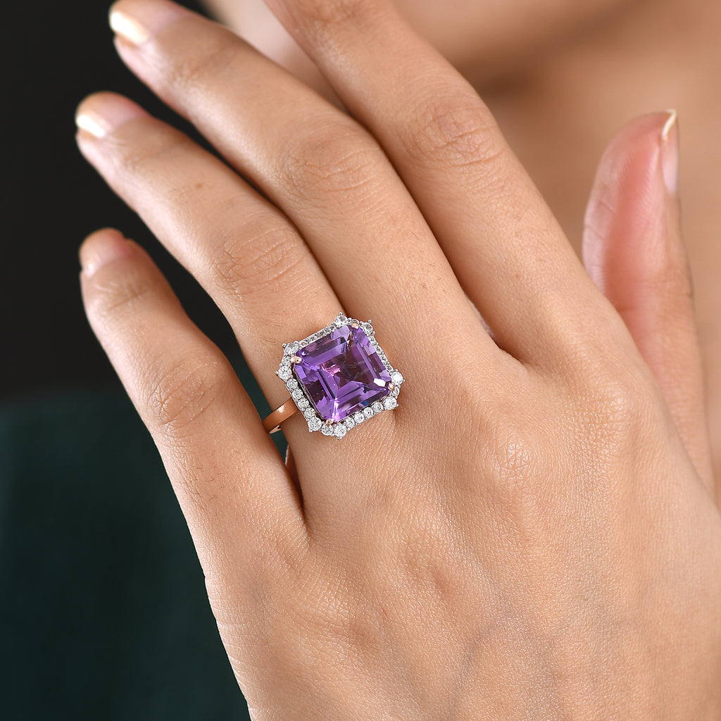 D'Joy Rose De France Amethyst & White Zircon Emerald-Cut Halo Ring in Rose Gold Plated Sterling Silver 8.87 Ct._8429519_1