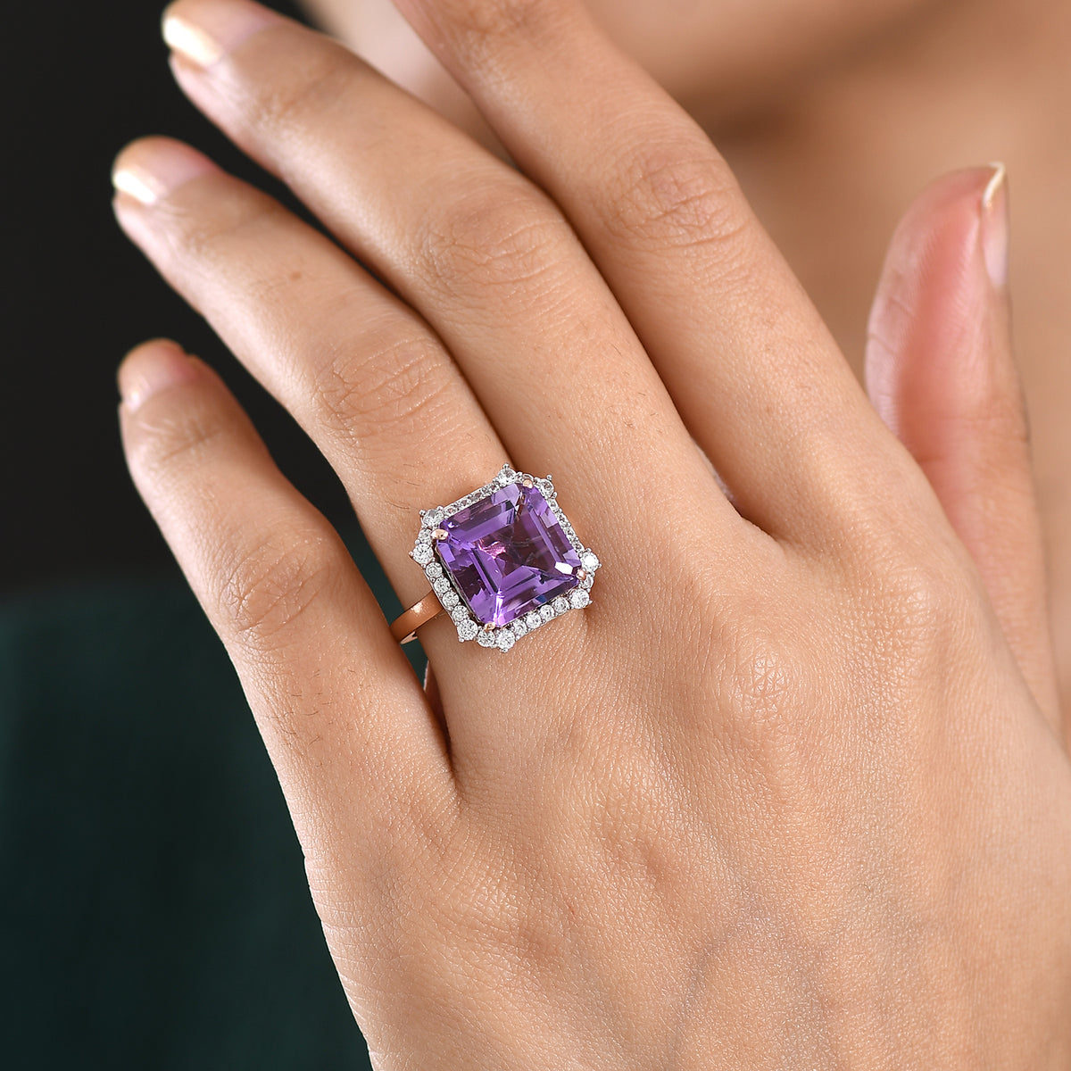 D'Joy Rose De France Amethyst &amp; White Zircon Emerald-Cut Halo Ring in Rose Gold Plated Sterling Silver 8.87 Ct. V32514405 2
