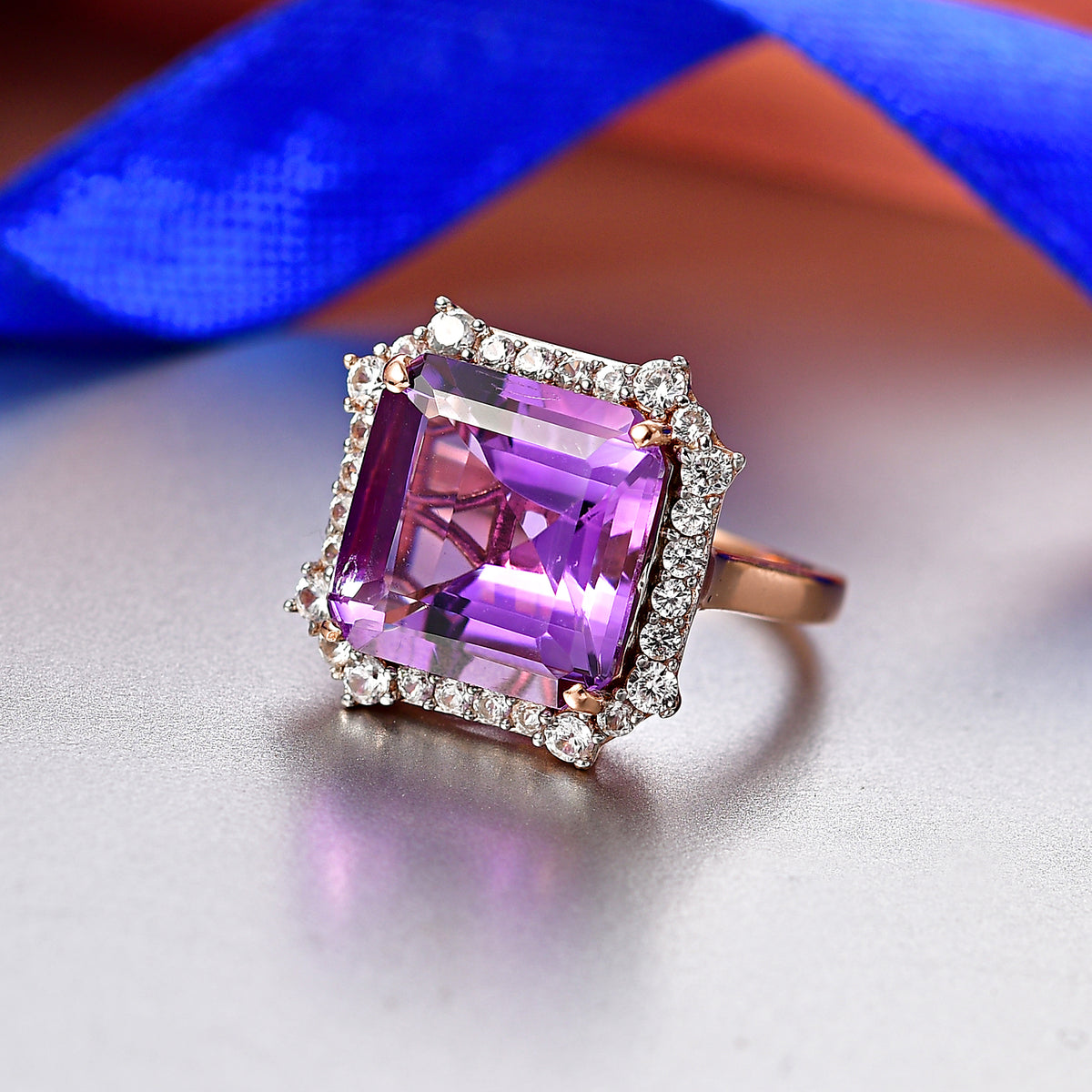 D'Joy Rose De France Amethyst &amp; White Zircon Emerald-Cut Halo Ring in Rose Gold Plated Sterling Silver 8.87 Ct. V32514405 3