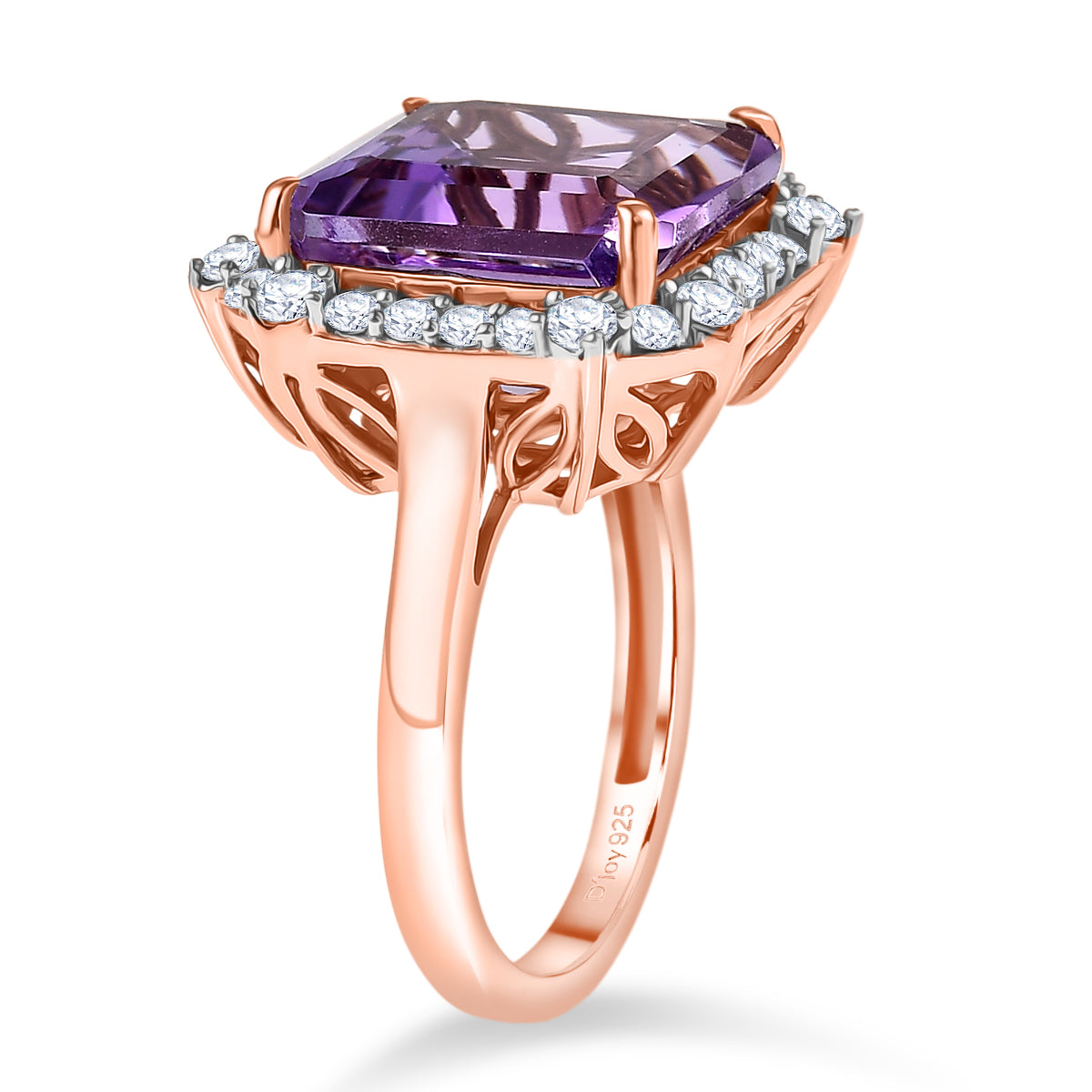 D'Joy Rose De France Amethyst &amp; White Zircon Emerald-Cut Halo Ring in Rose Gold Plated Sterling Silver 8.87 Ct. V32514405 4