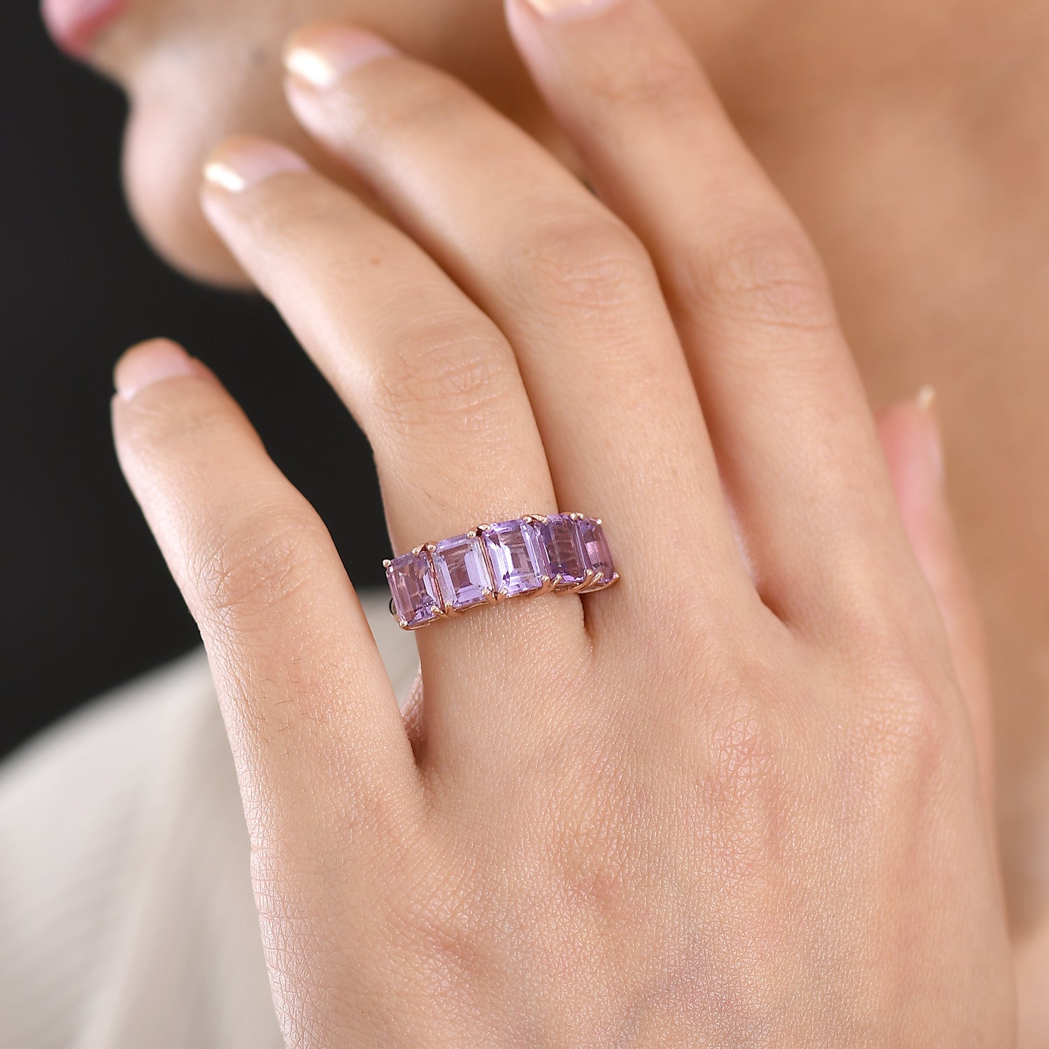 D'Joy AAA Rose De France Amethyst 5 Stone Ring in Rose Gold Plated Sterling Silver 4.63 Ct. V32519612 2