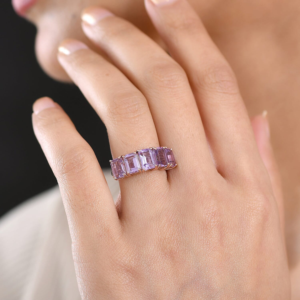 D'Joy AAA Rose De France Amethyst 5 Stone Ring in Rose Gold Plated Sterling Silver 4.63 Ct. V32513675 2