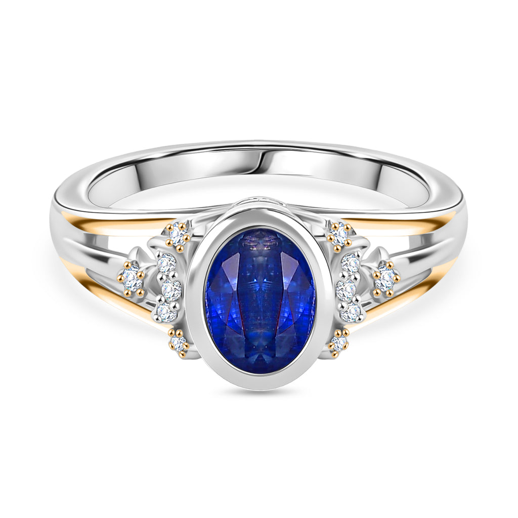 GP - Natural Kashmir Kyanite, White Zircon & Blue Sapphire Oval Cut Ring in Rhodium Overlay Sterling Silver 1.80 Ct._8429568