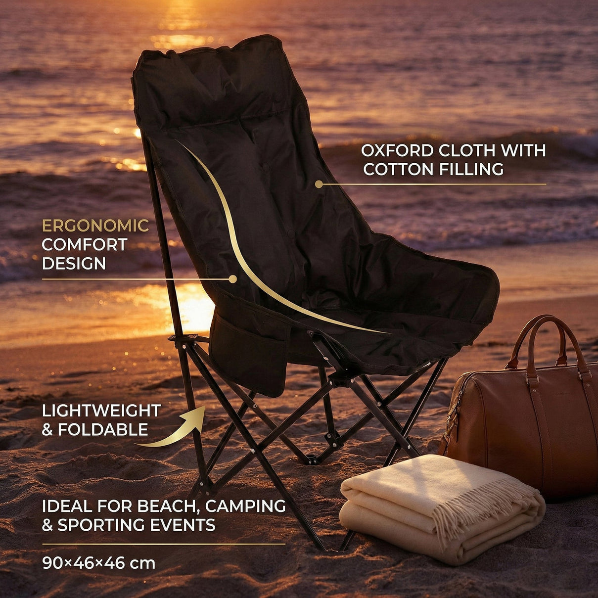 Light Weight Padded Foldable Oxford Cloth Garden Chair  (90x46x46cm) - Black V32361686 5