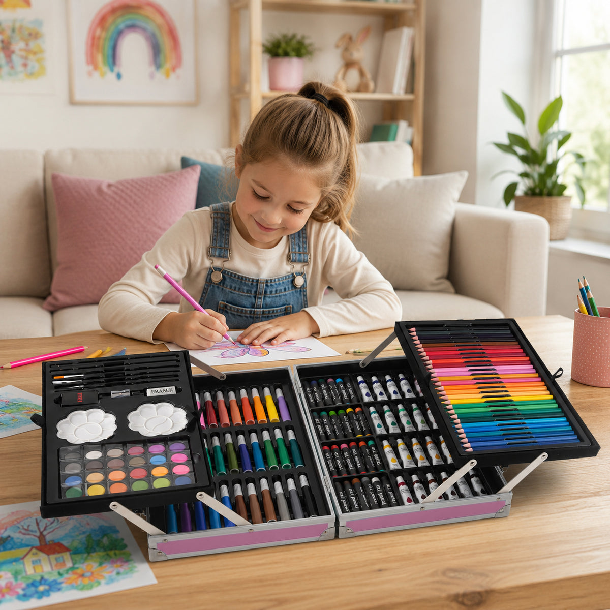 145-Piece Deluxe Art Set with Blue Aluminium Storage Case - Portable Drawing &amp; Painting Kit with Watercolour Pens for Artists - Pink 8429752 1