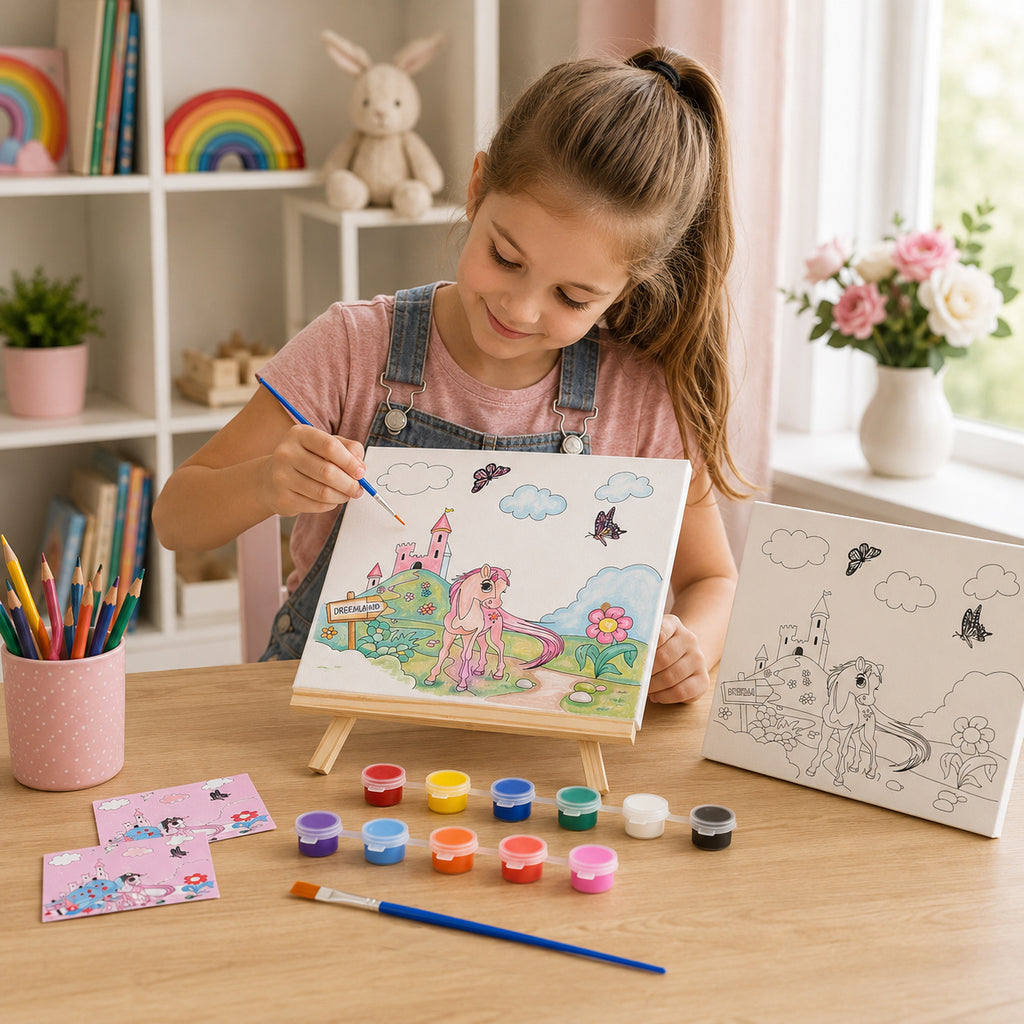 "Painting set - unicorn 12 colour + 2 brush 2 printing canvas (15*20cm) 1 white canva (15*20cm) 1 stand"_8429753_1