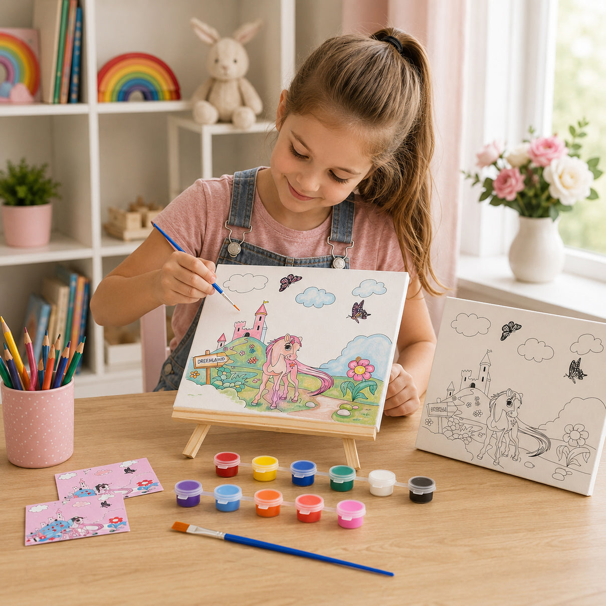 "Painting set - unicorn 12 colour - 2 brush 2 printing canvas (15*20cm) 1 white canva (15*20cm) 1 stand" 8429753 1