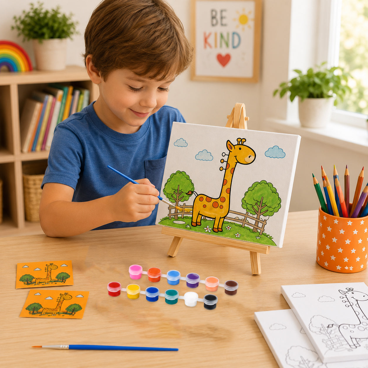 "Painting set - giraffe 12 colour - 2 brush 2 printing canvas (15*20cm) 1 white canva (15*20cm) 1 stand" 8429784 1