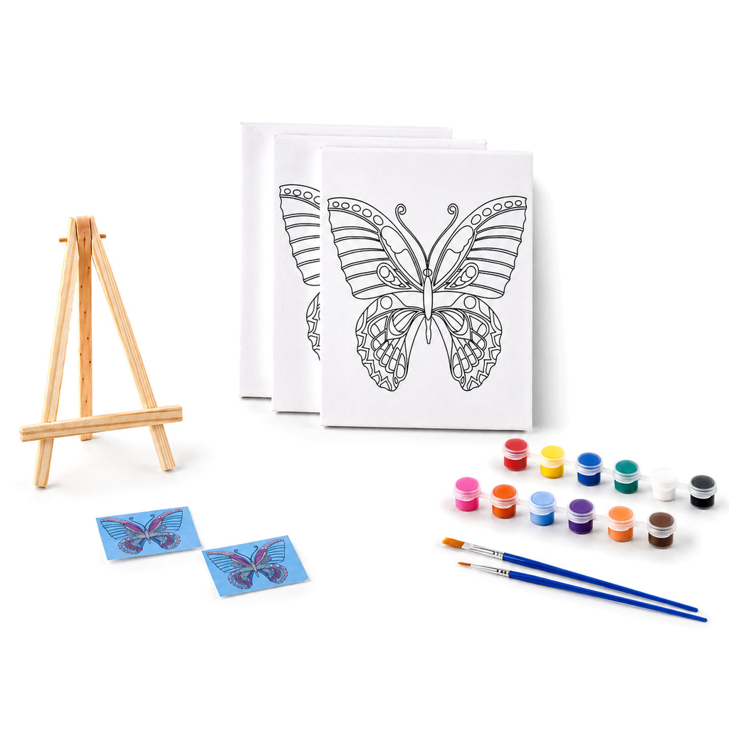 "Painting set - butterfly 12 colour + 2 brush 2 printing canvas (15*20cm) 1 white canva (15*20cm) 1 stand"_8429785
