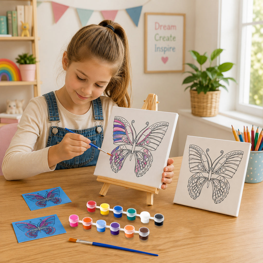 "Painting set - butterfly 12 colour + 2 brush 2 printing canvas (15*20cm) 1 white canva (15*20cm) 1 stand"_8429785_1