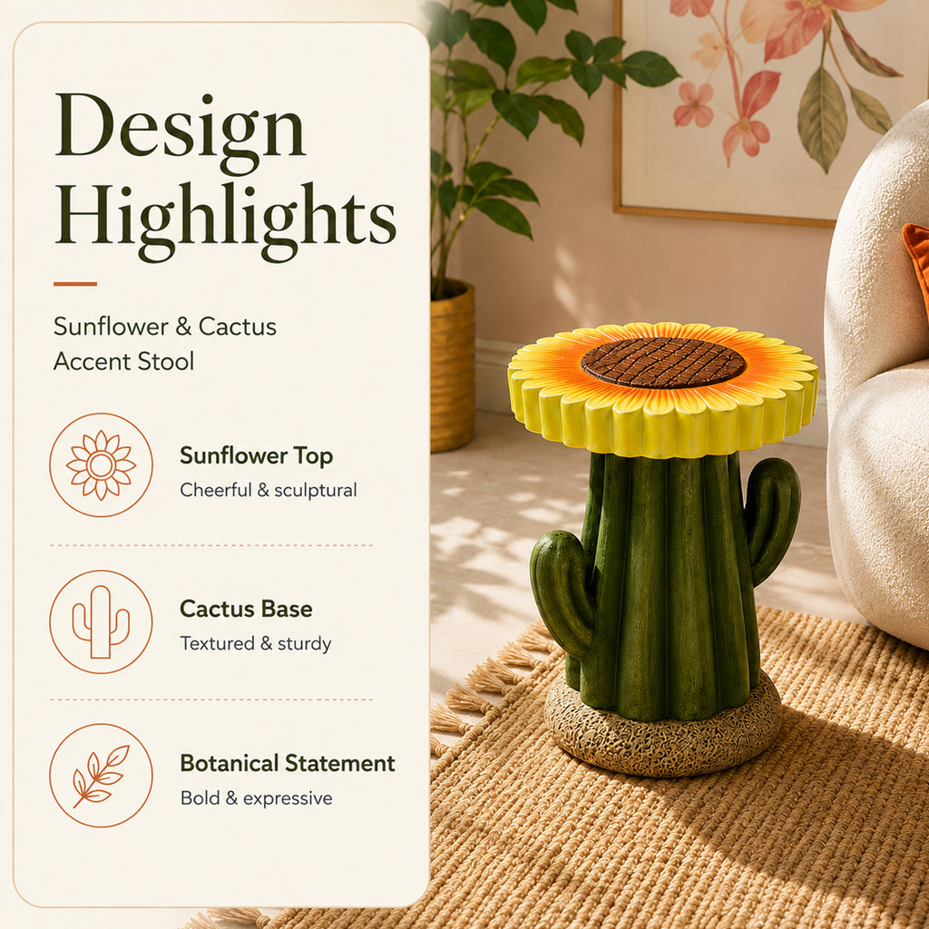 LIVMORE Sculptural Resin Sunflower & Cactus Accent Stool (32x32x42.5cm) - Yellow & Green_8430311_1