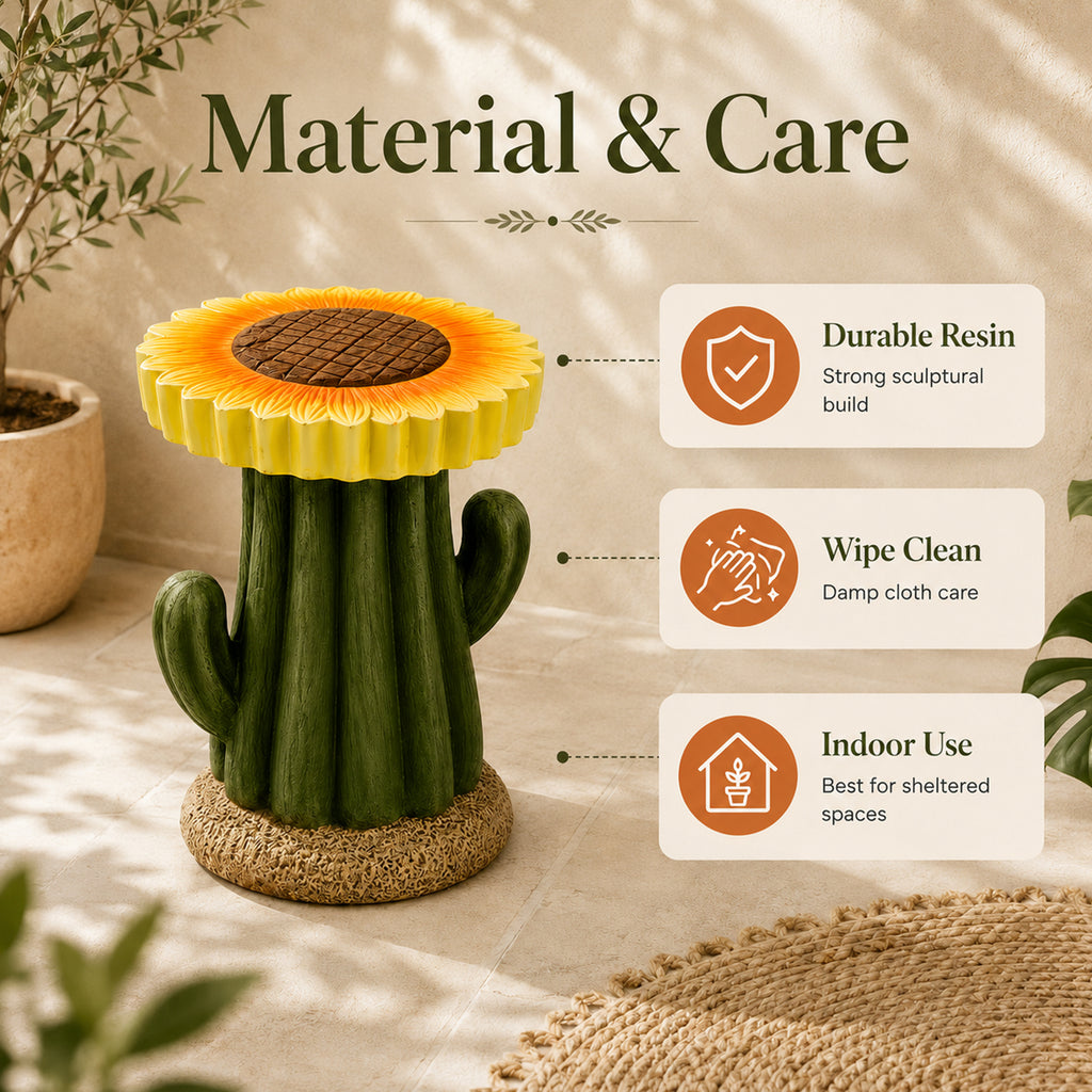 LIVMORE Sculptural Resin Sunflower & Cactus Accent Stool (32x32x42.5cm) - Yellow & Green_8430311_4