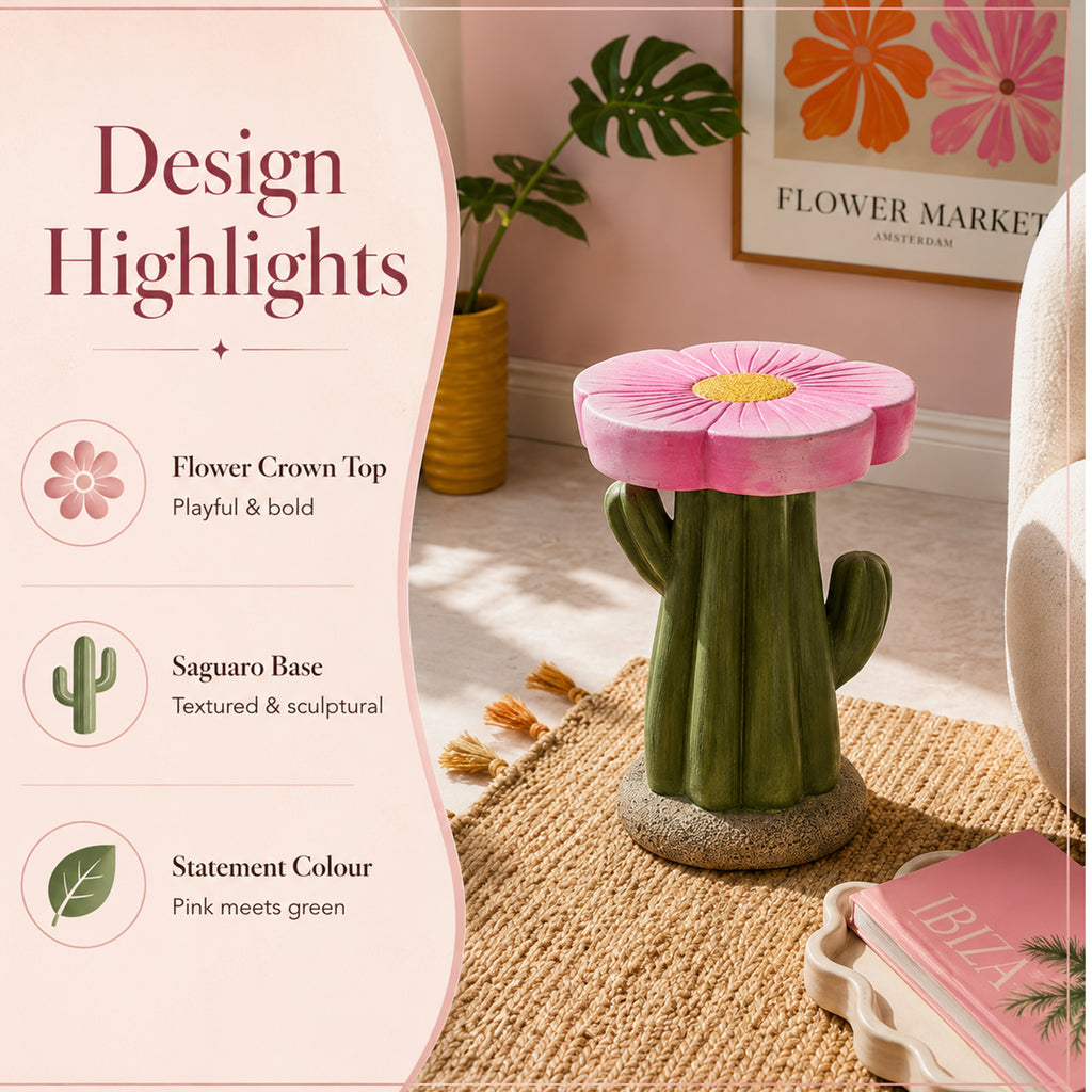 LIVMORE Sculptural Resin Flower Crown on Ribbed Saguaro Cactus Base Stool (32.5x32.5x42cm) - Pink_8430313_1
