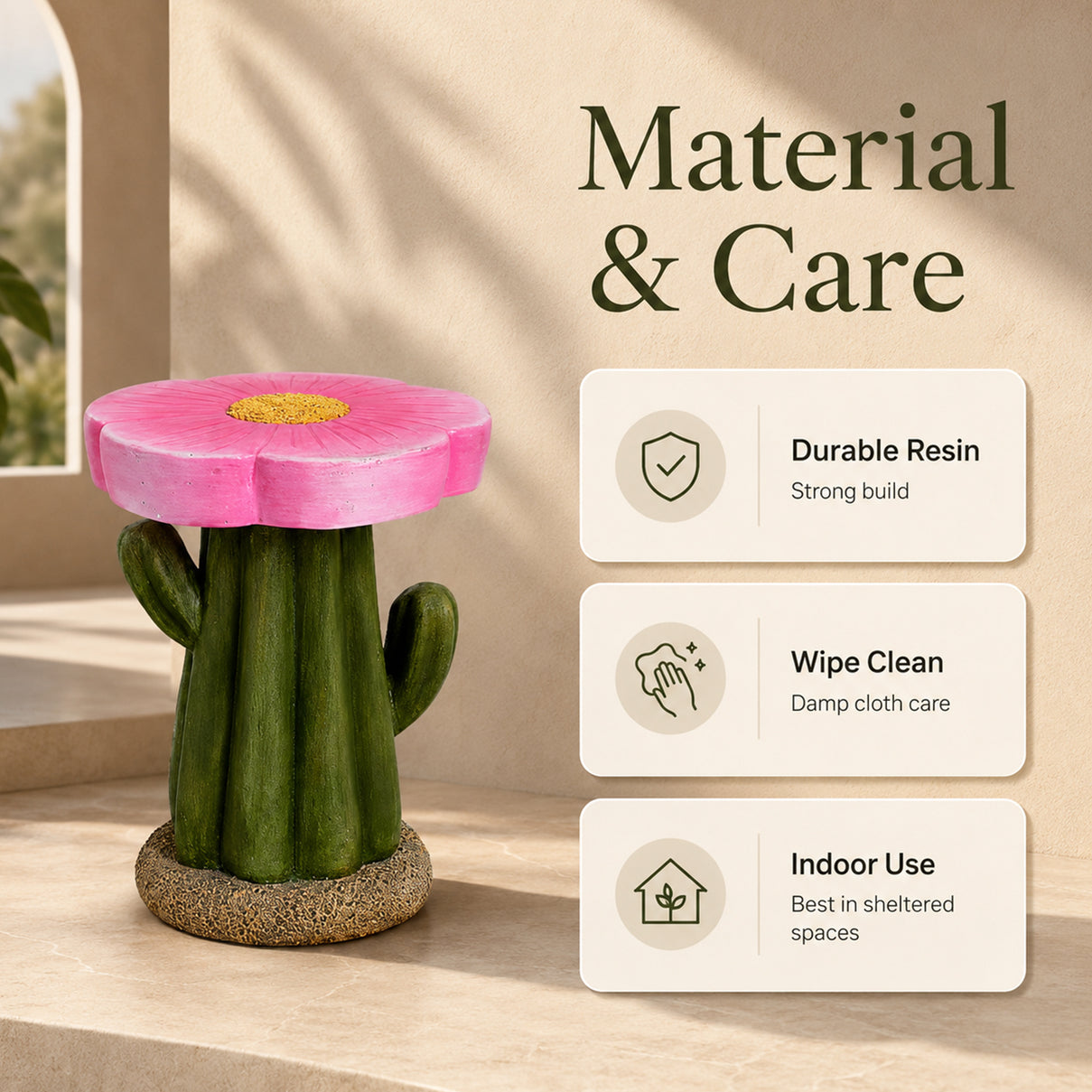 LIVMORE Sculptural Resin Flower Crown on Ribbed Saguaro Cactus Base Stool (32.5x32.5x42cm) - Pink 8430313 4