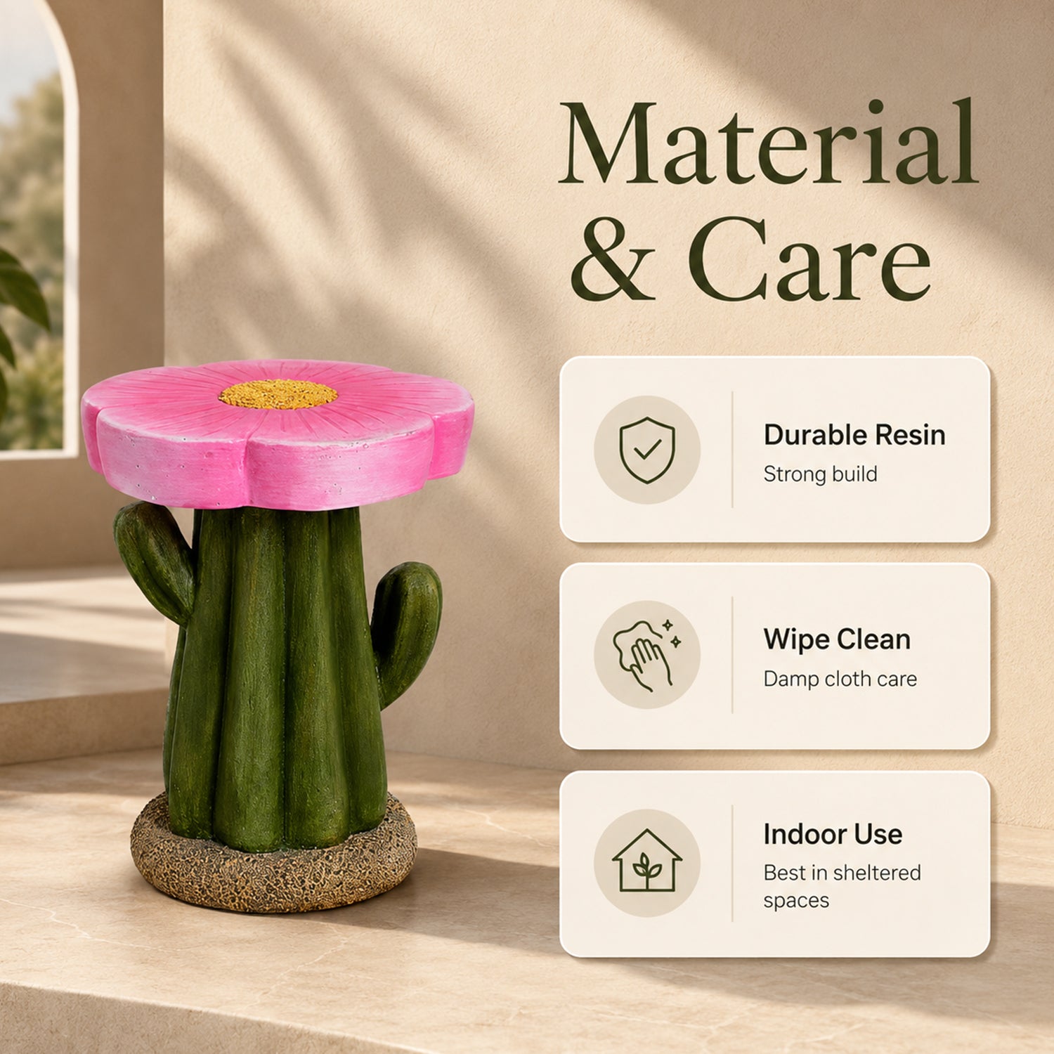 LIVMORE Sculptural Resin Flower Crown on Ribbed Saguaro Cactus Base Stool (32.5x32.5x42cm) - Pink 8430313 4