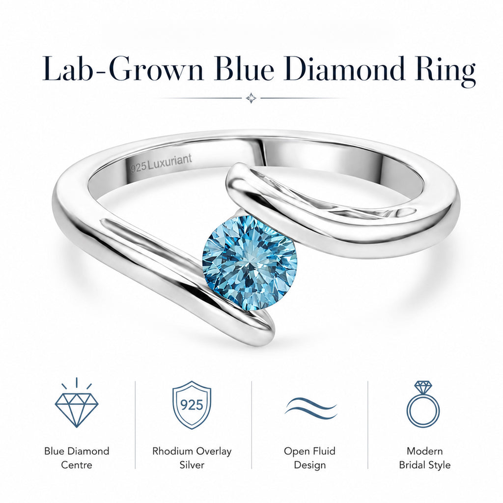 Luxuriant Diamond Collection - SI Lab Grown Blue Diamond Solitaire Bypass Ring in Rhodium Overlay Sterling Silver_8430515_4