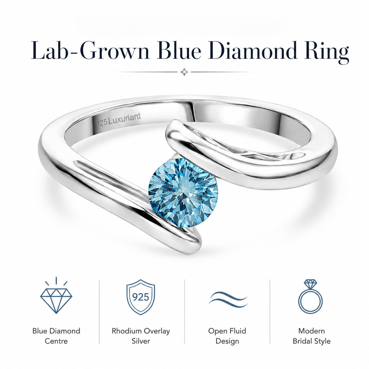 LUXURIANT 0.5 Ct. Lab Grown Blue Diamond Solitaire Bypass Ring in Rhodium Overlay Sterling Silver 8430515 5