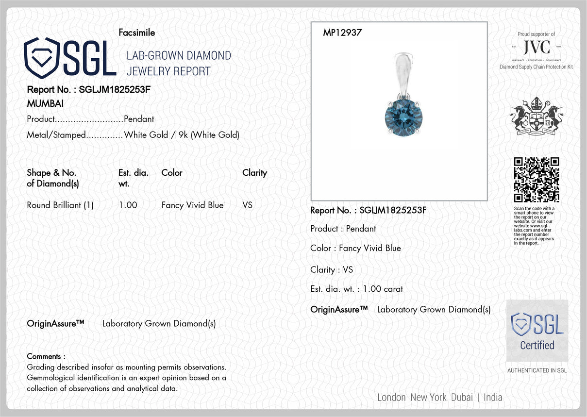 Close Out Deal - LUXURIANT 1 Ct. Blue Lab Grown Diamond Round-Cut Solitaire Pendant in 9K White Gold SGL Certified (VS) 8430521 8