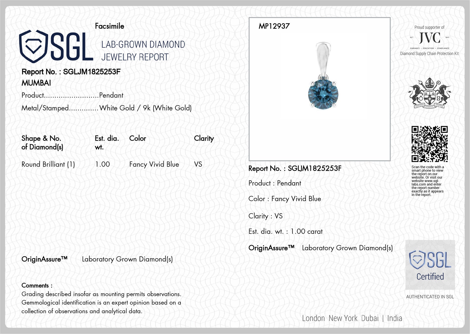 Close Out Deal - LUXURIANT 1 Ct. Blue Lab Grown Diamond Round-Cut Solitaire Pendant in 9K White Gold SGL Certified (VS) 8430521 8