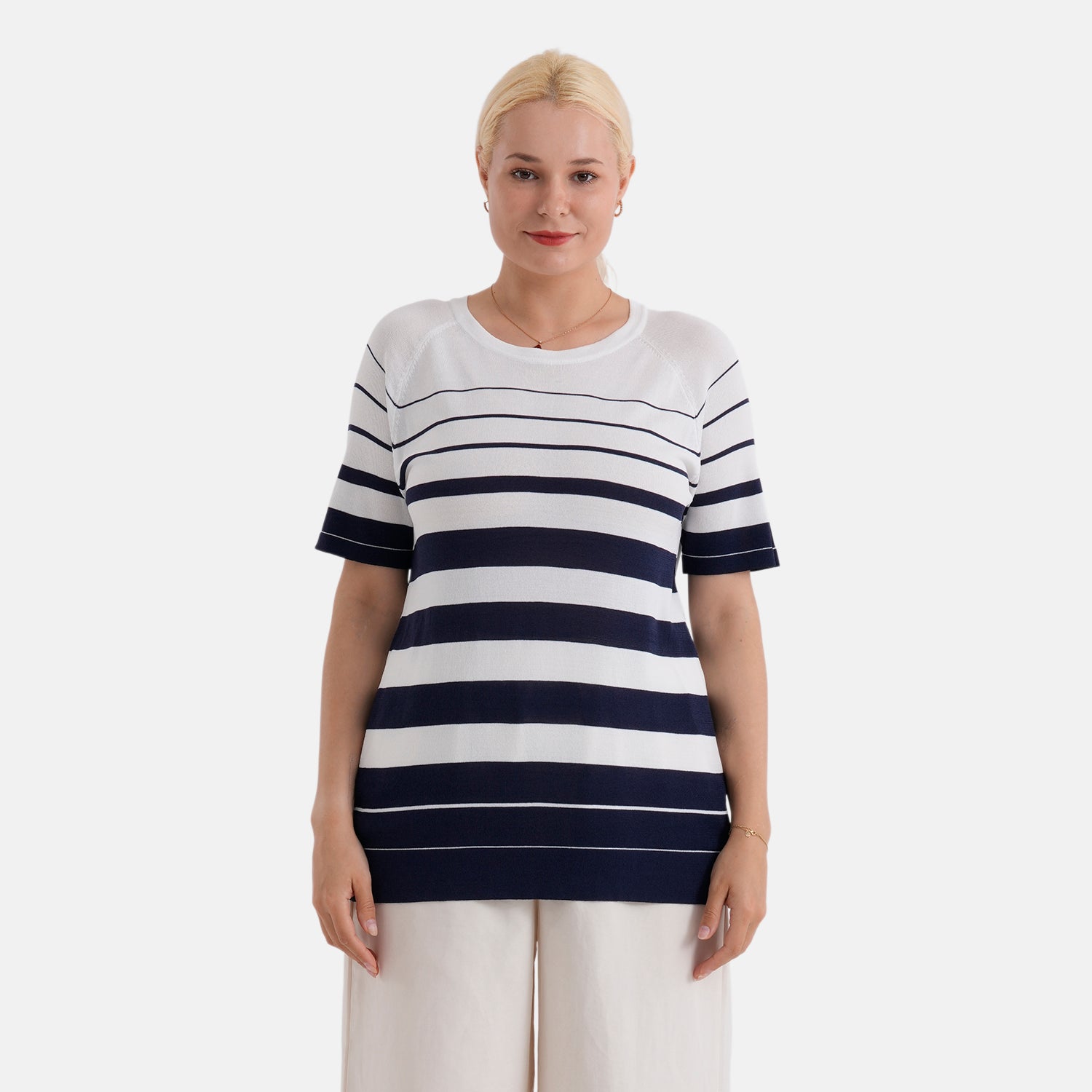La Marey Knitted Short Sleeve Striped Top (Size L, Fit 16 To 18) - White &amp; Navy Blue V32529823 0