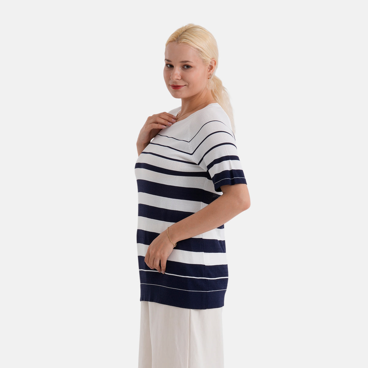 La Marey Knitted Short Sleeve Striped Top (Size L, Fit 16 To 18) - White &amp; Navy Blue V32529823 4