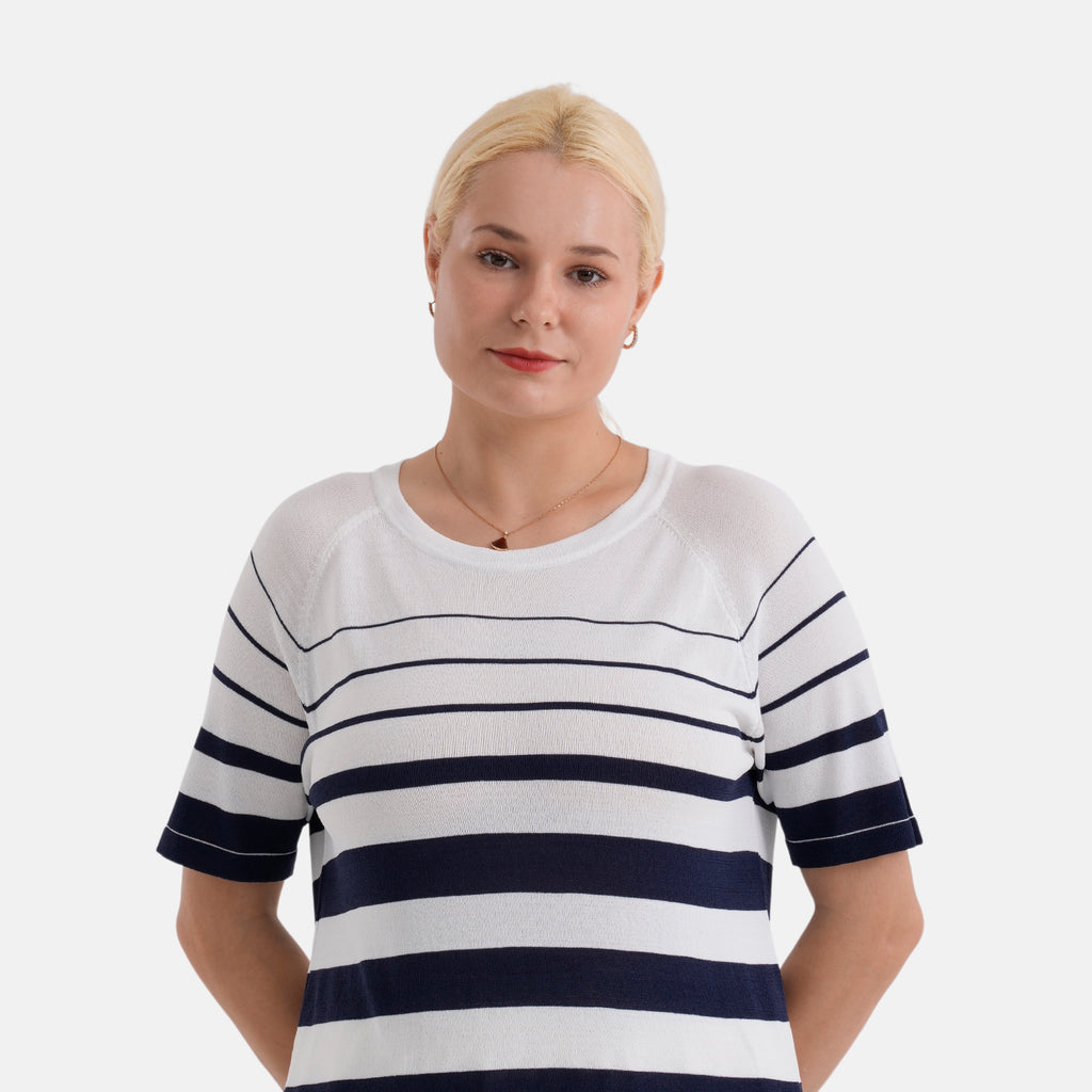 La Marey Knitted Short Sleeve Striped Top (Size L, Fit 16 To 18) - White & Navy Blue_8430528_4