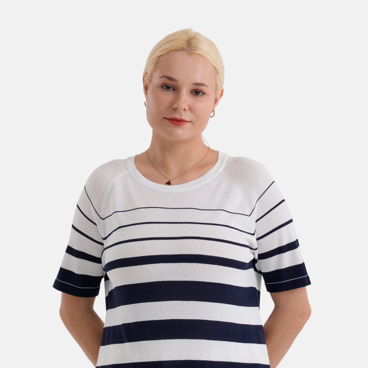 La Marey Knitted Short Sleeve Striped Top (Size L, Fit 16 To 18) - White &amp; Navy Blue V32529823 5