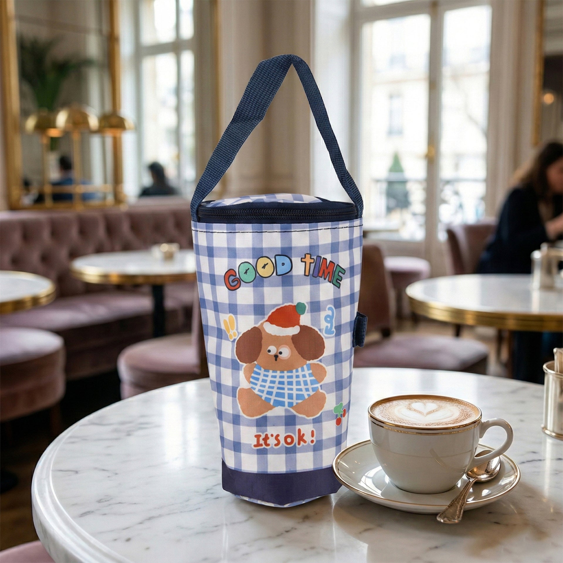 Cute Cartoon Print Insulated Tumbler Travel Mug Bag with Handle &amp; Straw Hole - Navy 8430861 2