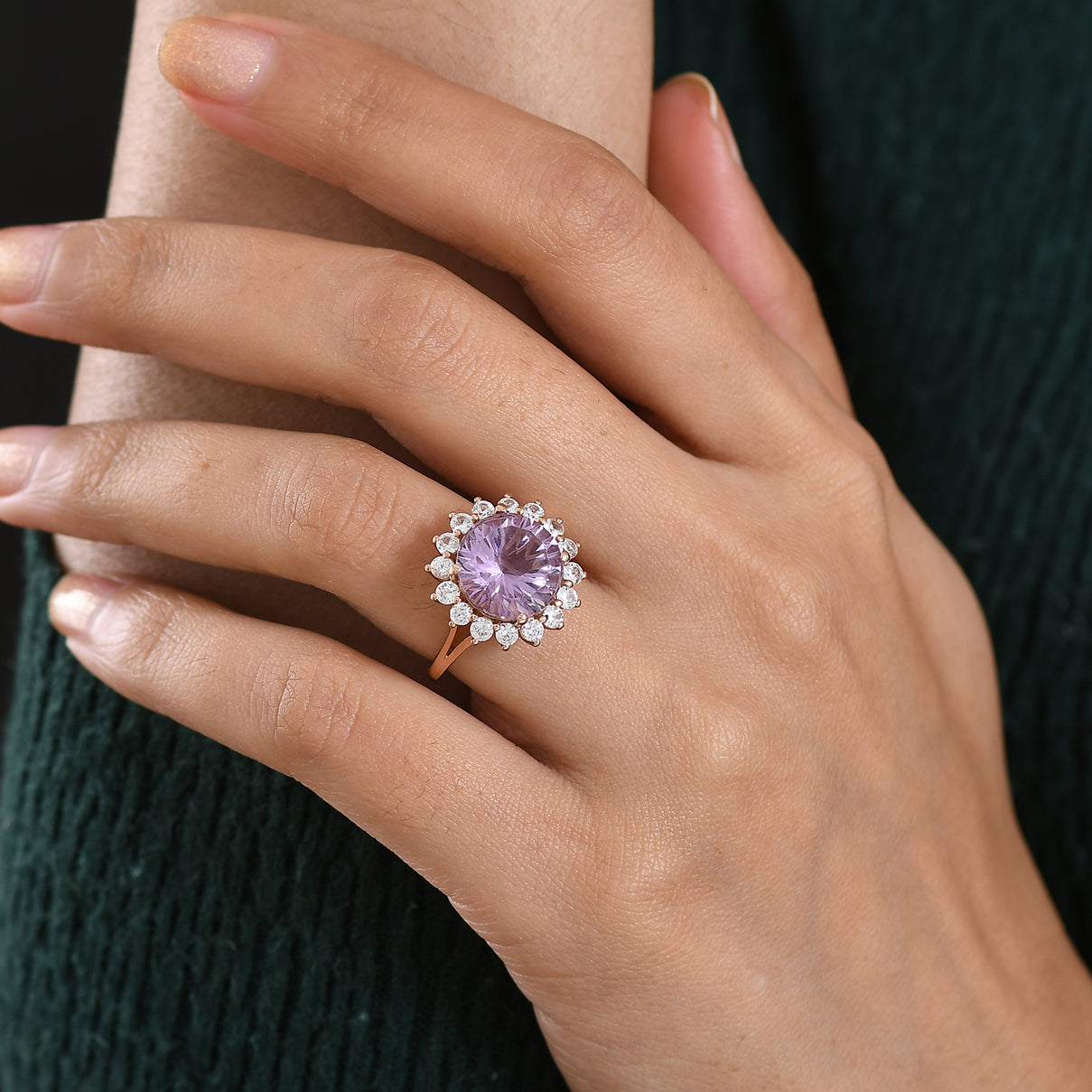 D'Joy Rose De France Amethyst &amp; White Zircon Halo Split Shank Ring in Rose Gold Plated Sterling Silver 7.26 Ct. 8431098 2