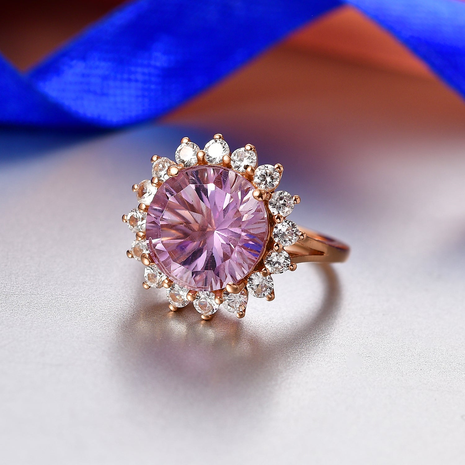D'Joy Rose De France Amethyst &amp; White Zircon Halo Split Shank Ring in Rose Gold Plated Sterling Silver 7.26 Ct. 8431098 3