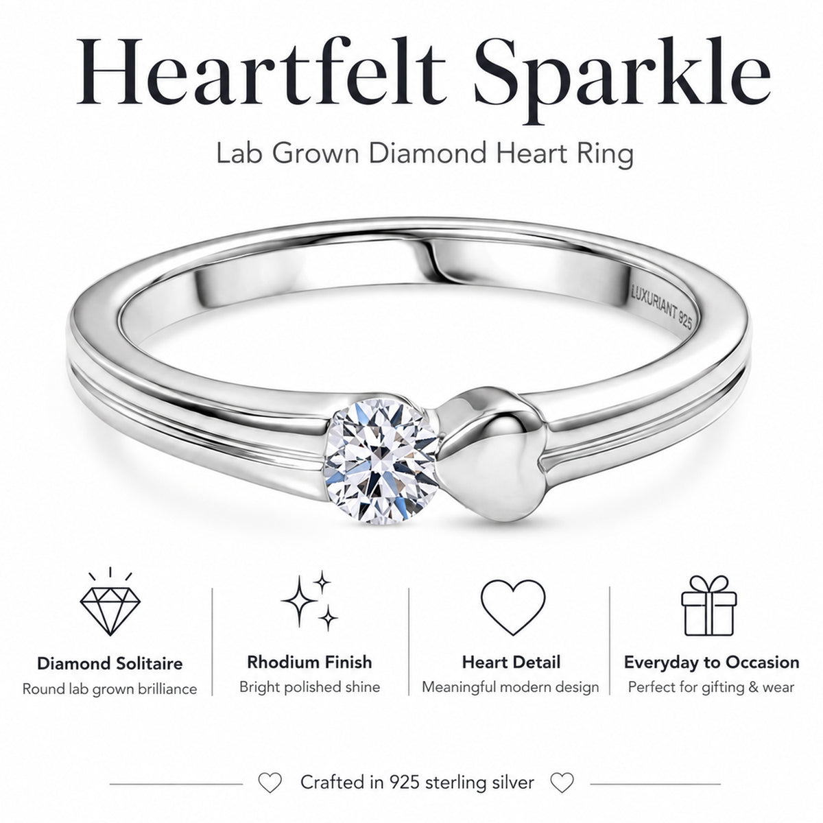 LUXURIANT  Lab Grown Diamond Solitaire Heart Ring in Rhodium Overlay Sterling Silver (SI-G-H) V32606178 6