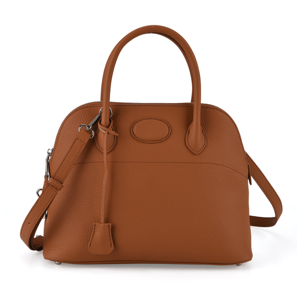 Premium Genuine Leather Domed Satchel Bag with Detachable Crossbody Strap - Alloy Orange_8431432