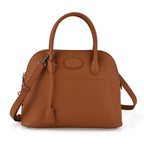 Premium Genuine Leather Domed Satchel Bag with Detachable Crossbody Strap - Alloy Orange_8431432
