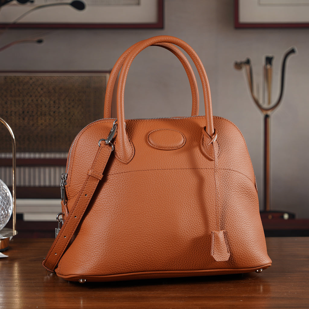 Premium Genuine Leather Domed Satchel Bag with Detachable Crossbody Strap - Alloy Orange_8431432_1