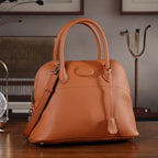 Premium Genuine Leather Domed Satchel Bag with Detachable Crossbody Strap - Alloy Orange_8431432_1