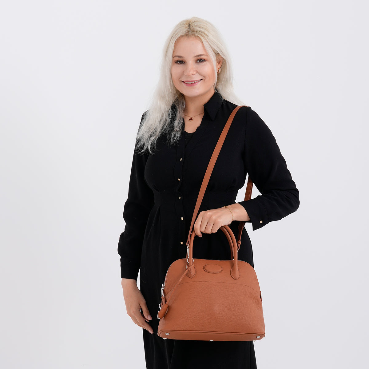 Premium Genuine Leather Domed Satchel Bag with Detachable Crossbody Strap - Alloy Orange V32530055 3