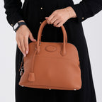Premium Genuine Leather Domed Satchel Bag with Detachable Crossbody Strap - Alloy Orange_8431432_3