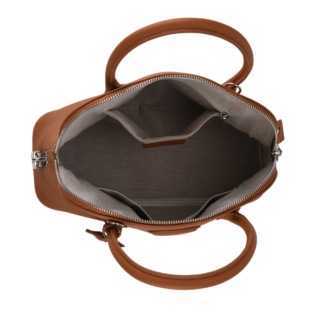 Premium Genuine Leather Domed Satchel Bag with Detachable Crossbody Strap - Alloy Orange_8431432_5