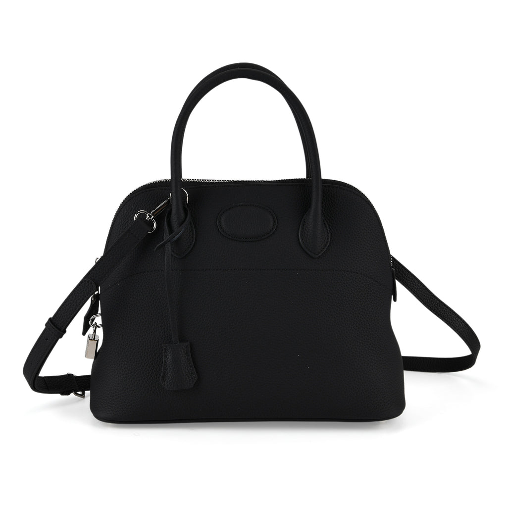 Premium Genuine Leather Domed Satchel Bag with Detachable Crossbody Strap - Black_8431433