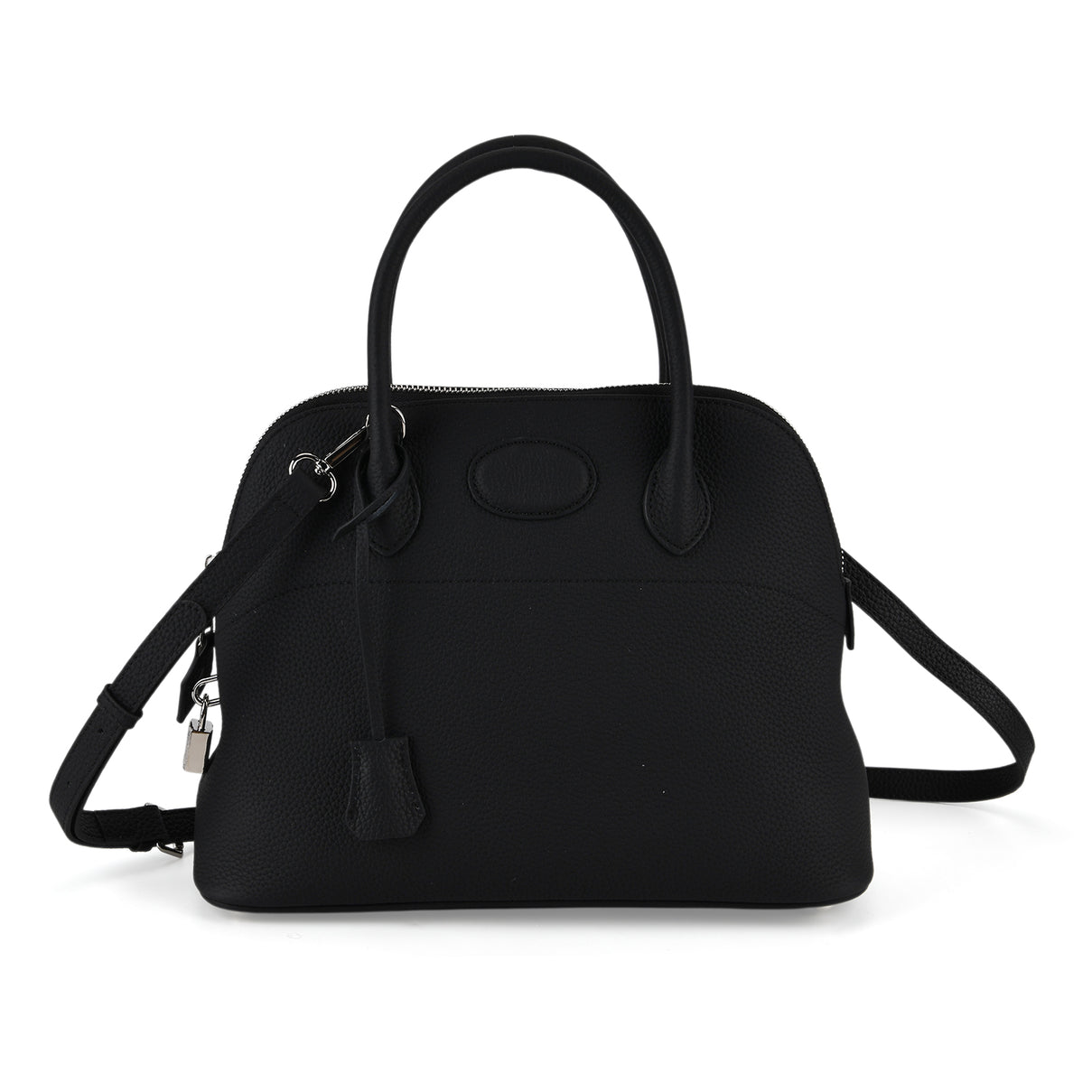 Premium Genuine Leather Domed Satchel Bag with Detachable Crossbody Strap - Black V32521754 0