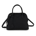 Premium Genuine Leather Domed Satchel Bag with Detachable Crossbody Strap - Black_8431433