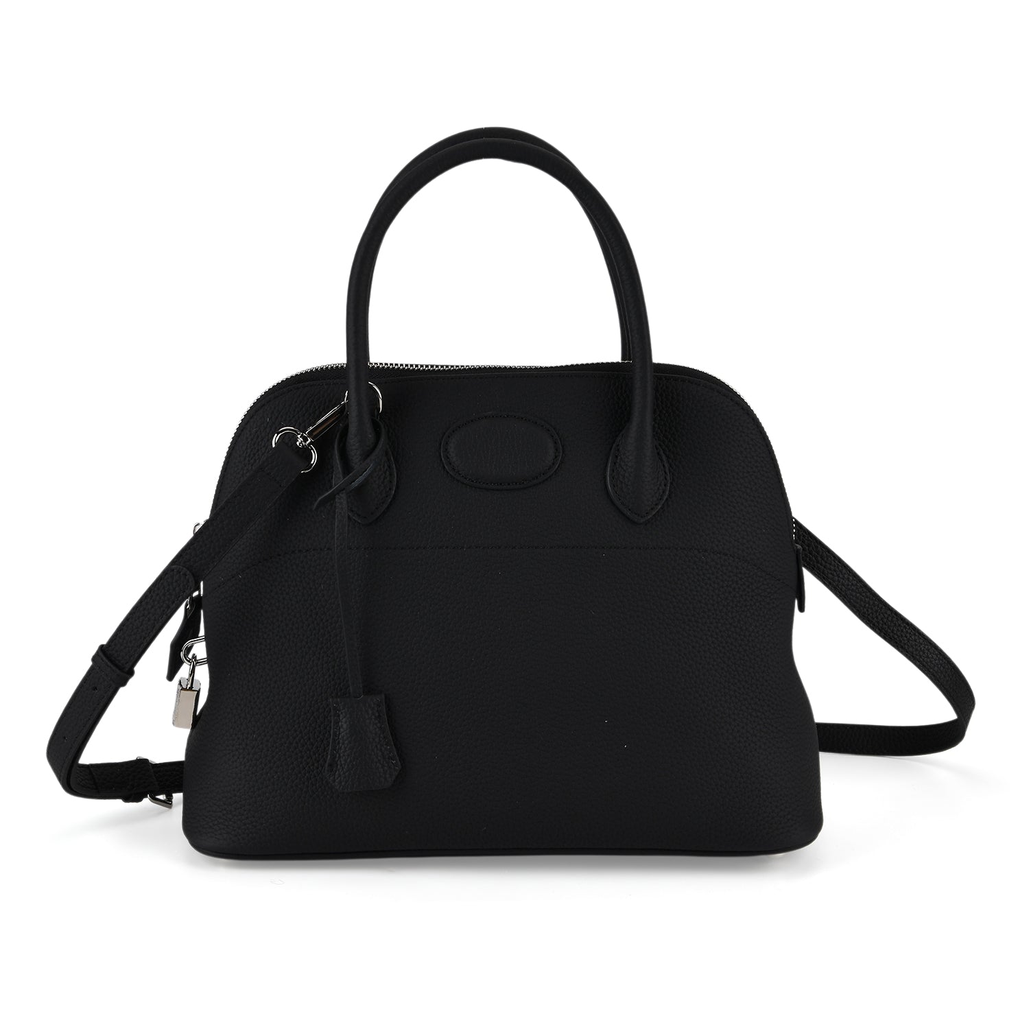 Premium Genuine Leather Domed Satchel Bag with Detachable Crossbody Strap - Black V32521754 0