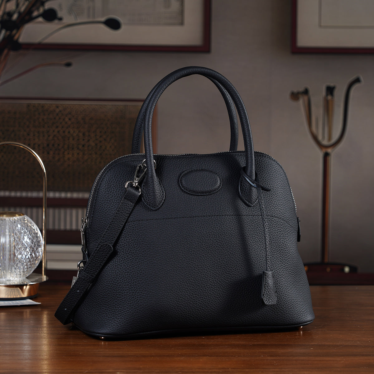 Premium Genuine Leather Domed Satchel Bag with Detachable Crossbody Strap - Black V32521754 2