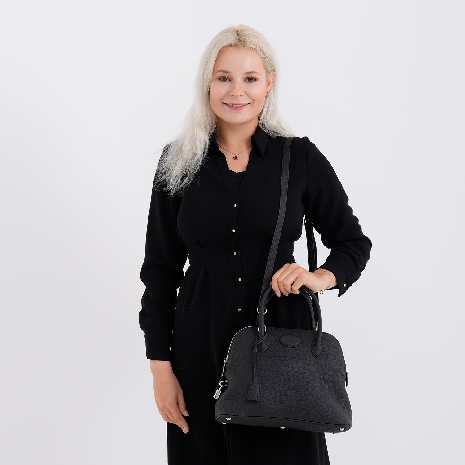 Premium Genuine Leather Domed Satchel Bag with Detachable Crossbody Strap - Black V32521754 3
