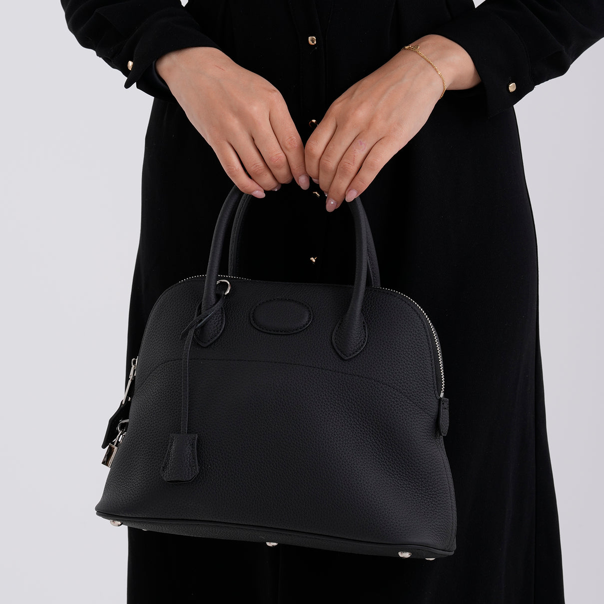Premium Genuine Leather Domed Satchel Bag with Detachable Crossbody Strap - Black V32521754 4