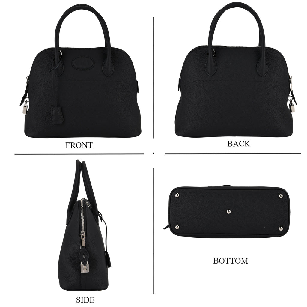 Premium Genuine Leather Domed Satchel Bag with Detachable Crossbody Strap - Black_8431433_4