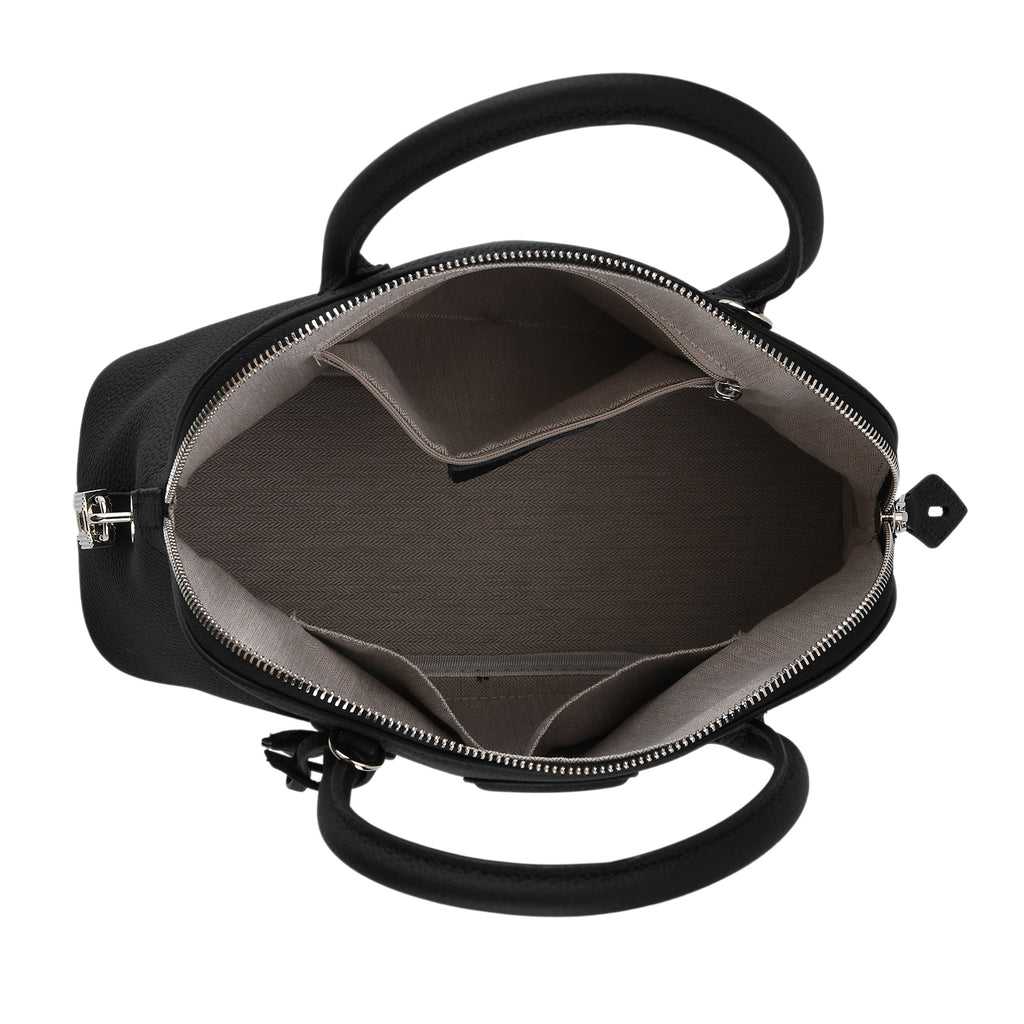 Premium Genuine Leather Domed Satchel Bag with Detachable Crossbody Strap - Black_8431433_5