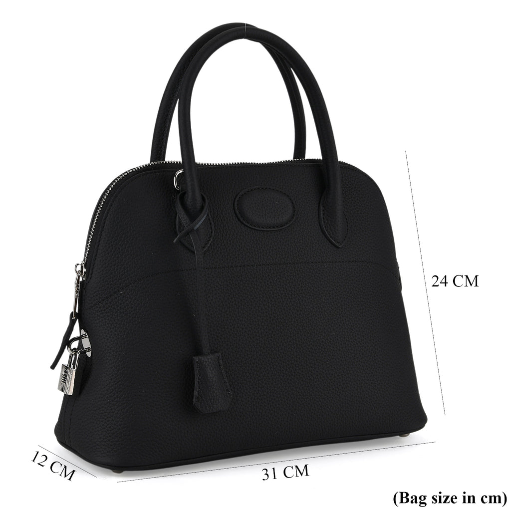 Premium Genuine Leather Domed Satchel Bag with Detachable Crossbody Strap - Black_8431433_7